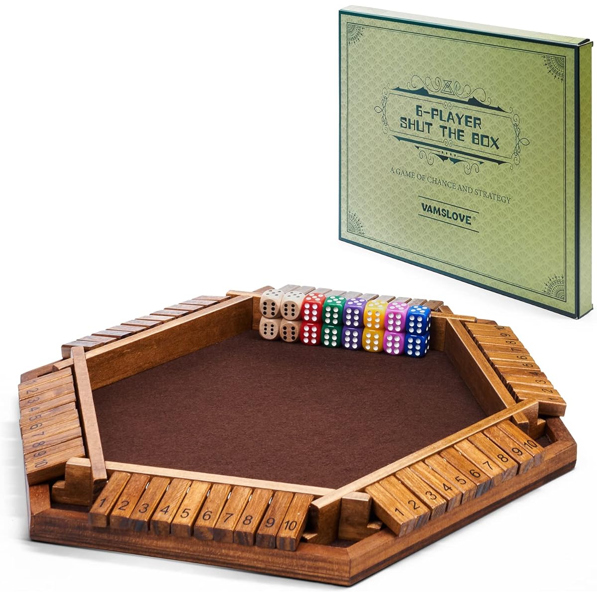 VAMSLOVE Shut the Box Dice Game Wooden Board (L15 x W13) for 1 2 3 4 5 6 Players 6 Sided 10 Number Math Game with 16 Dice for Kids Adults Family Friends Party Club (Instructions Included)