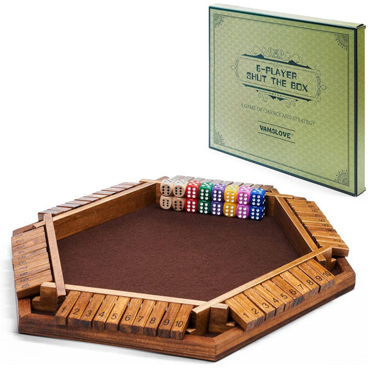 VAMSLOVE Shut the Box Dice Game Wooden Board (L15 x W13) for 1 2 3 4 5 6 Players 6 Sided 10 Number Math Game with 16 Dice for Kids Adults Family Friends Party Club (Instructions Included)