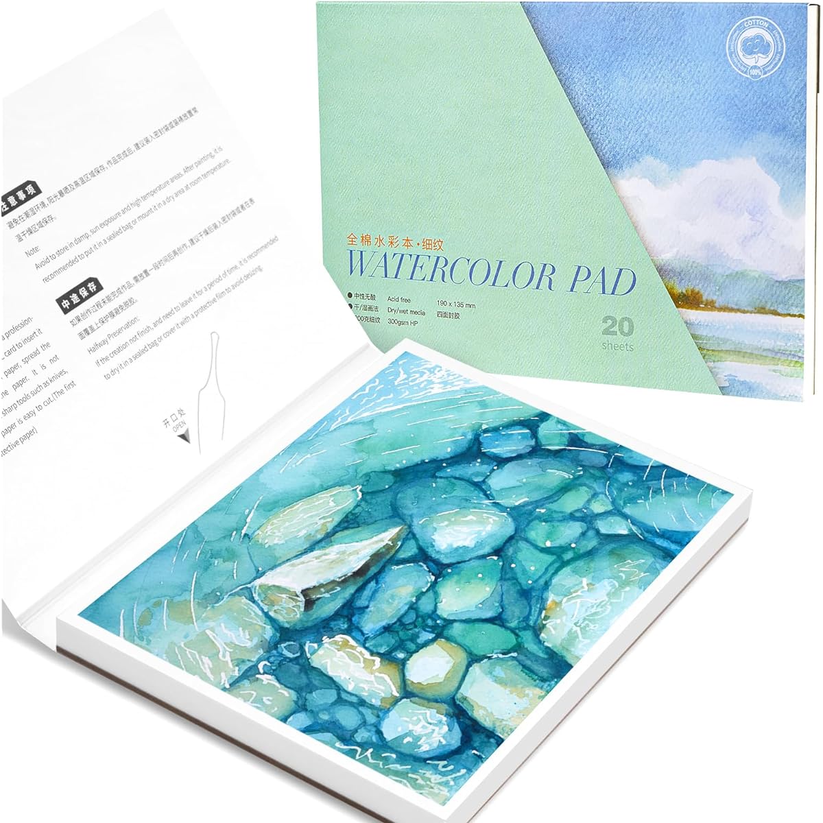 Lightwish Watercolor Paper Blocks Hot Press Artist Watercolor Sketchbook 100% Cotton/Acid Free 20 Sheets 10.63 x 7.48 Inches 140lb/300gsm Art Supplies for Adults, Artists, and Students