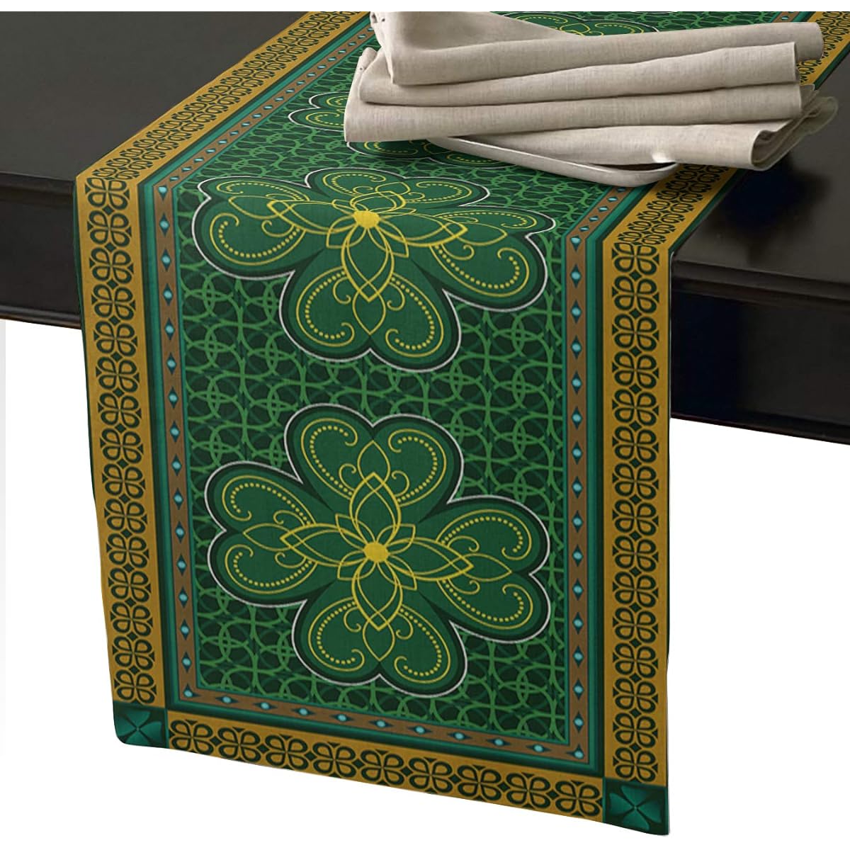 PIEPLE Geometric Rectangle Table Runner St. Patrick's Day Retro Tribal Clover Pattern - Luxury Table Runner for Wedding Party Holiday Dinner Home Decoration 13'' x 70'' Green