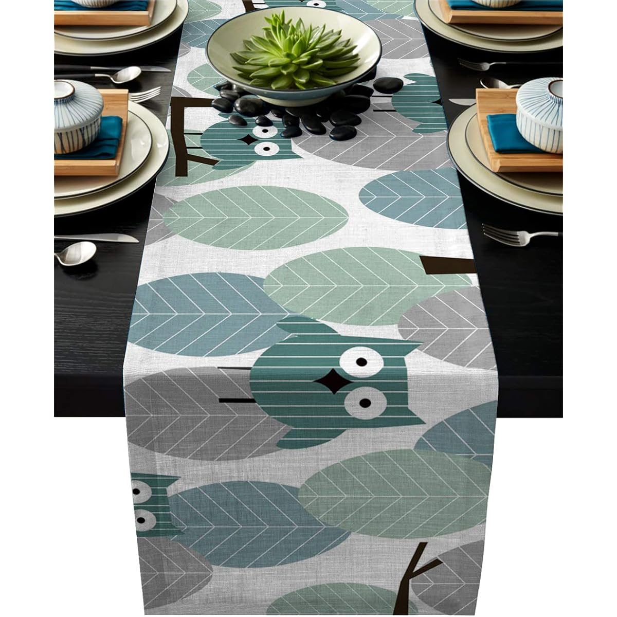 Vandarllin Cotton Linen Table Runner Dresser Scarf Cartoon Leaves Owl Animal Non-Slip Burlap Rectangular Table Setting Decoration for Wedding Party Holiday Dinner Home Green 13x70inch=33x178cm CYM-VDL20200108ZJZQSWHH02324ZQDAFPD