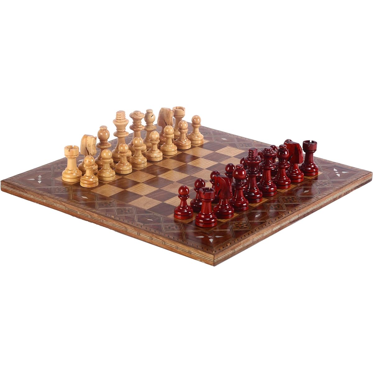 CHESSLANDTR Boxwood Staunton Chess Set for Adults and Kids, Handcrafted Decorative Natural Solid Wood Chess Board, Original Pearl Around Board, King 3.5 Inch