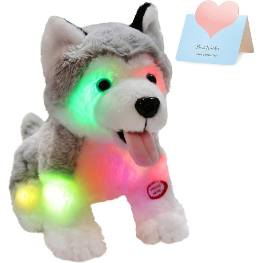 Athoinsu Light Up Plush Husky Puppy Soft Stuffed Animal with Magic LED Night Light for Birthday Toddler Kids 8 Inch