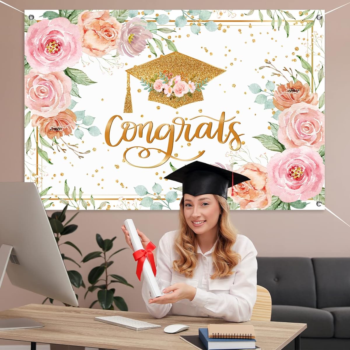 Pink Rose Gold Floral Congratulations Graduation Background Class of 2023 Graduation Celebration Party Floral Gold Dots Background Booth Photo Studio Props Photo Banner Decoration 59"x39"