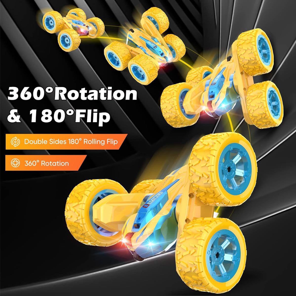 Qumcou Remote Control Car, Radio Controlled Car, Stunt Car for Kids, 2.4Ghz High Speed, Double Sided, 360° Rotation, Toy Car with Cool Headlights, for Boys and Girls, Ages 6-12 (Yellow)