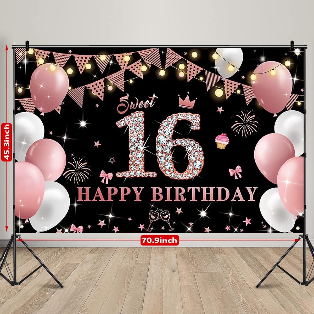 Sweet 16 Birthday Banner, Happy 16th Birthday Banner, Rose Gold Sweet 16 Birthday Decorations for Girls, Sweet 16 Photo Booth Backdrop Background, Sweet 16 Decorations, 16th Birthday Party Supplies