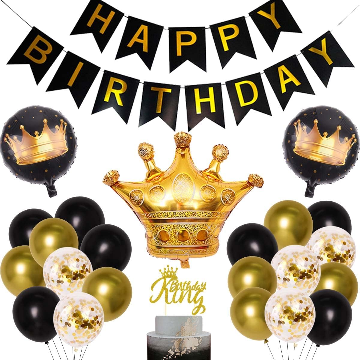 King Birthday Decorations Men's Black and Gold Balloons King Happy Birthday Banner Balloon Birthday King Birthday Cake Topper