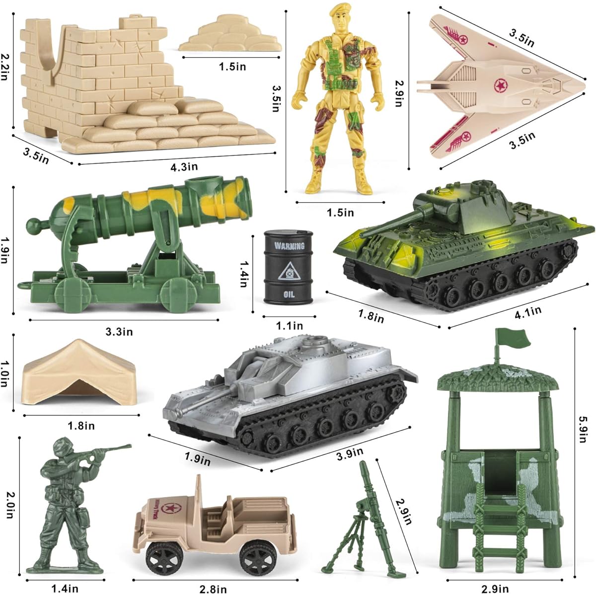 Divwa Army Men's Toys for Boys 8-12 Military Toys Soldiers Army Base Set of 160 WWII Khaki Green Plastic Army Men Accessories with Handbag