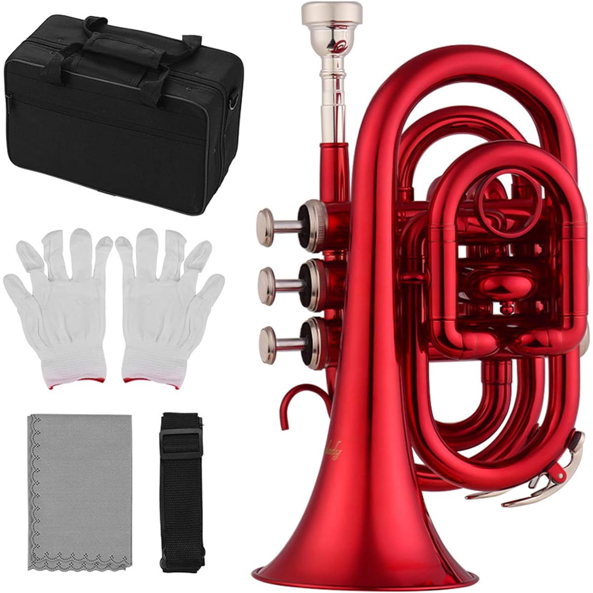 Mini Pocket Trumpet Bb Flat Brass Material Wind Instrument with Mouthpiece Cleaning Cloth Carrying Case