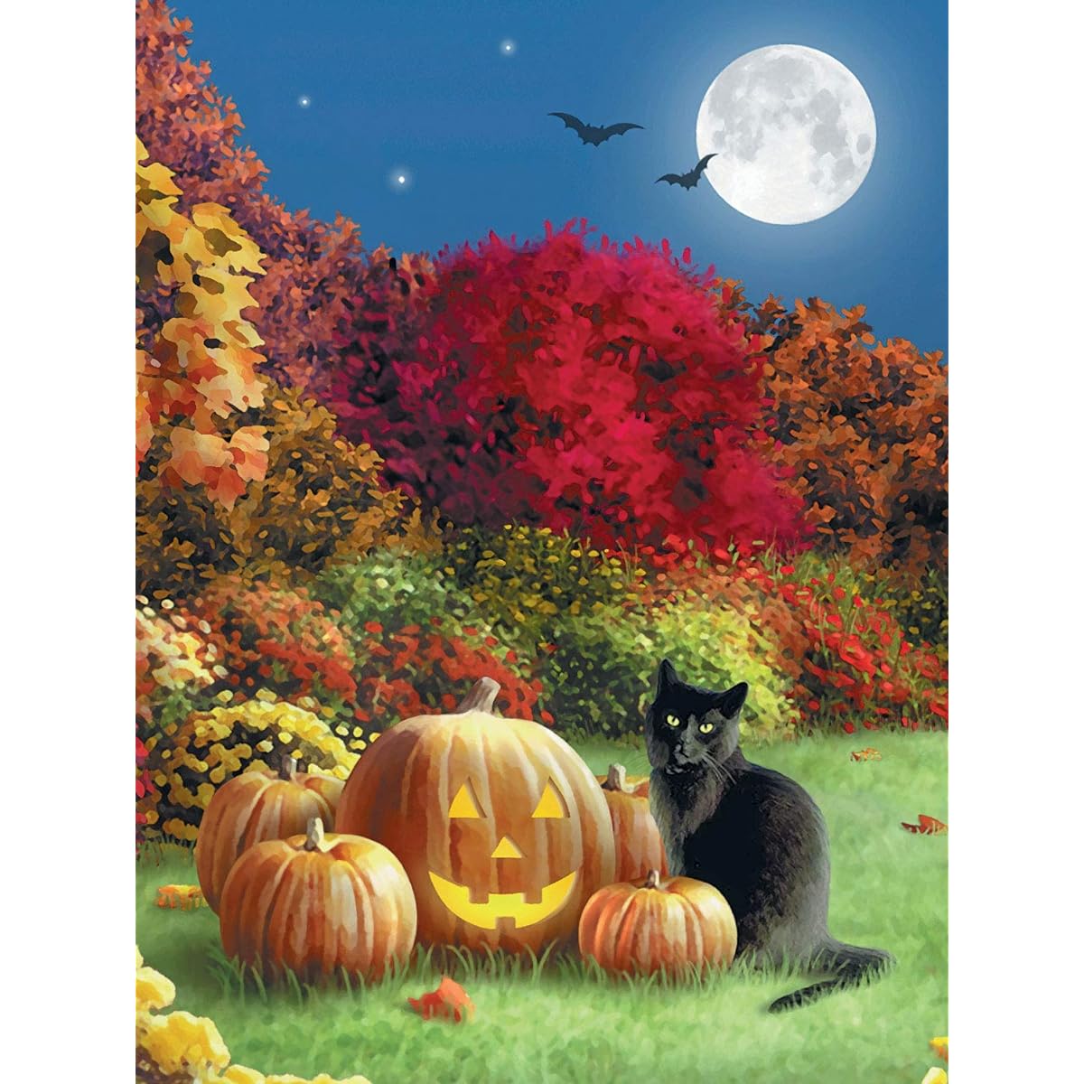 Bits and Pieces - 300 Piece Jigsaw Puzzle for Adults 18" x 24" - Midnight - 300 Piece Halloween Black Cat Pumpkin Jack O'Lantern Full Moon Jigsaw by Artist Alan Gianna