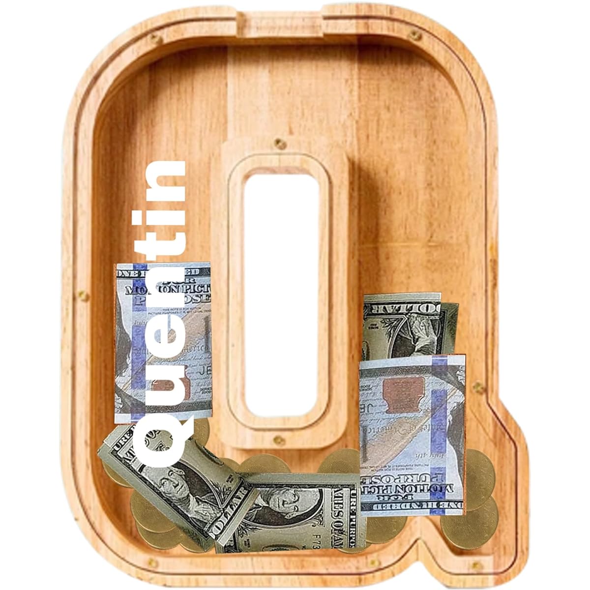 NEOSKY Wooden Letter Piggy Bank for Kids, Alphabet Coin Bank for Boys Girls Toddlers Children Money Saving Piggy Bank with Letters, Fun Gifts for Birthday, Christmas, Festival, Baby Shower - Alphabet Q
