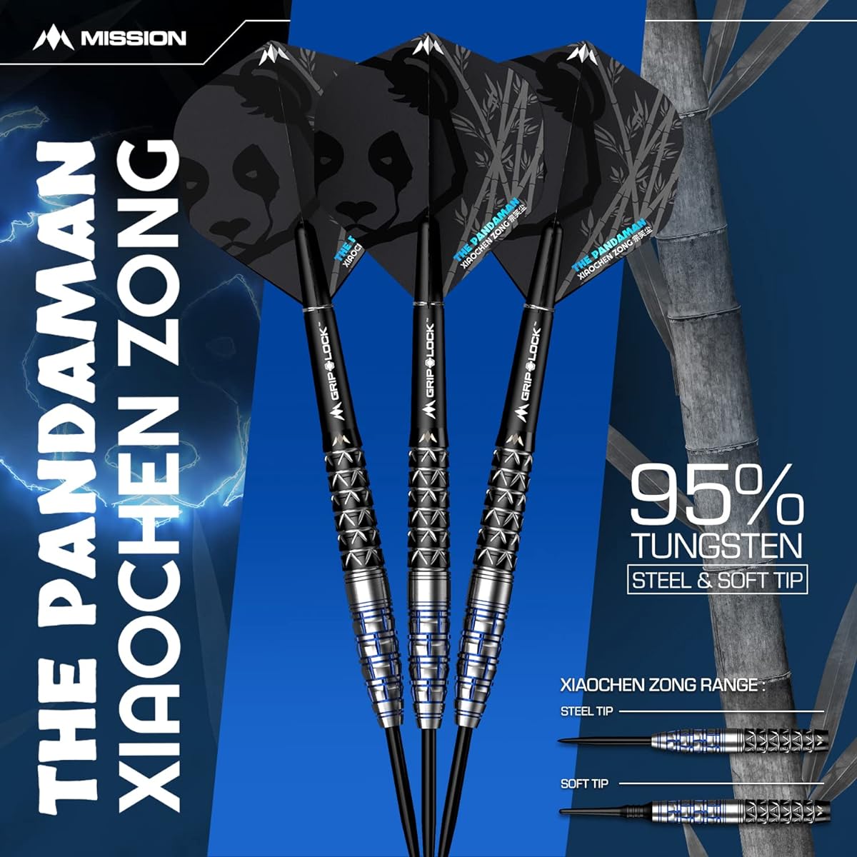 Mission Darts Xiaochen Zong Pandaman Darts Set Premium 95% Tungsten Barrel and Steel Tip Black and Blue PVD Coating Multiple Weights