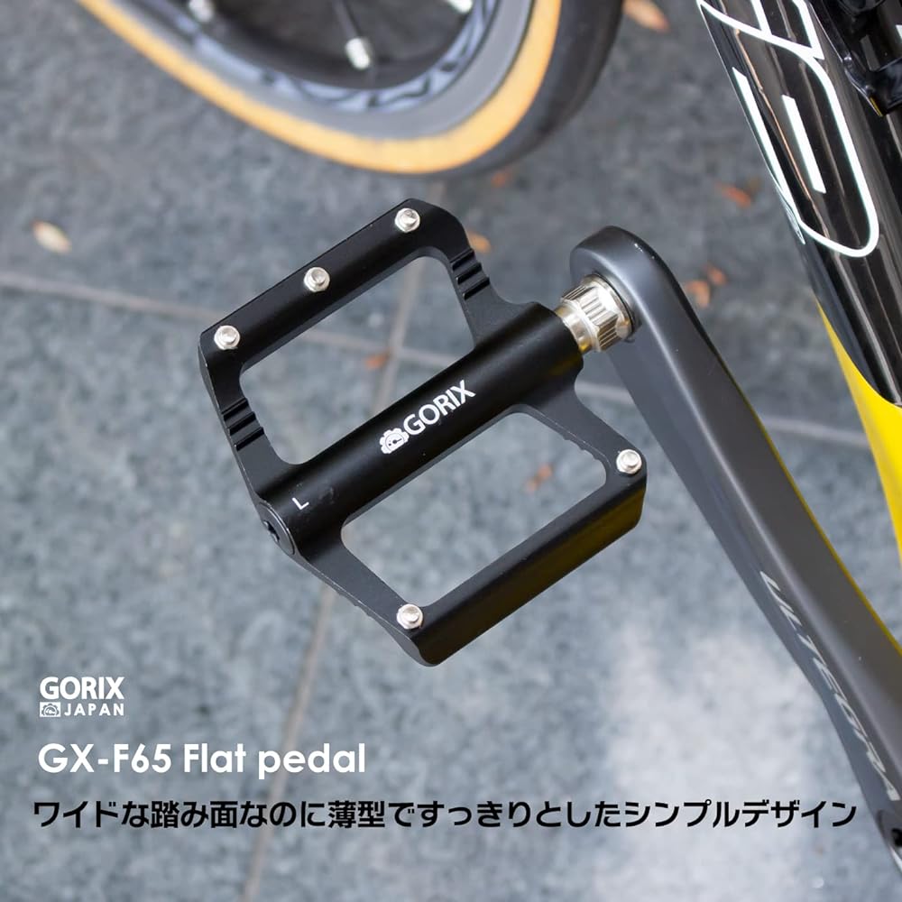 GORIX Bicycle Pedals, Flat Pedals, Aluminum, Lightweight, Thin, Wide Design, Spike Pins, Anti-Slip, Stylish (GX-F65), Simple Design, Flat Pedal, Black, Durable, Road Bikes, Cross Bikes, Mountain Bikes, and Other Bicycles, Cycle Pedals