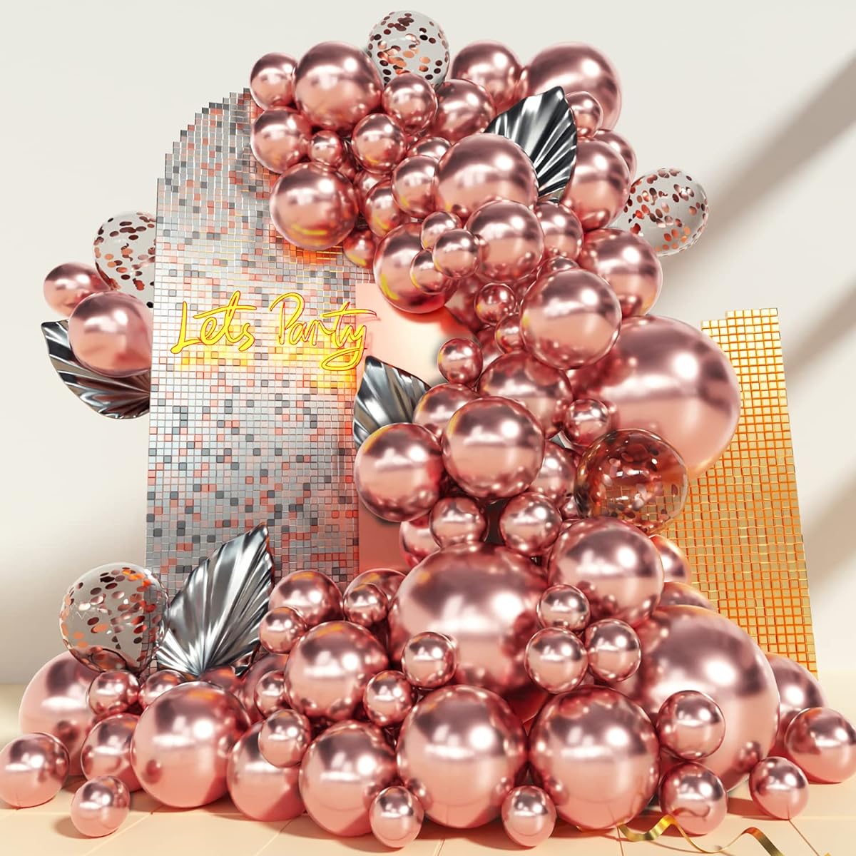 Metallic Rose Gold Balloon Garland Kit, 130pcs Chrome Balloons Different Size 18/12/10/5inch Confetti Balloons for Girls Birthday Party Graduation Wedding Rose Gold Party Decorations
