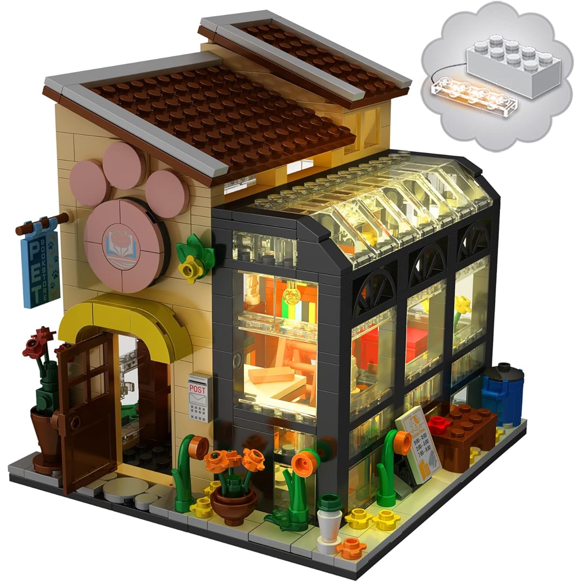 Pet Flower House Building Blocks Set with Cat Figures, Pet Bookstore Assembly Toy Kit with Beautiful Gift Box, Great Birthday Gift for Girls Ages 6-10 (640 Pieces)