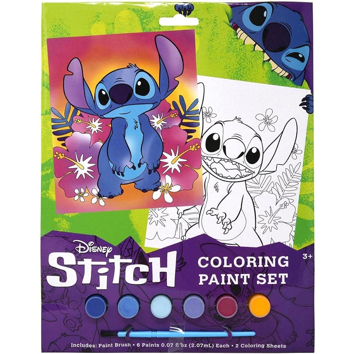 Disney Stich Coloring Set - Disney Lilo & Stitch Movie Kids Art Set, 6 Piece Acrylic Paints, Brushes and 2 Coloring Sheets, Fun Paint Set for Kids, Activities for Ages 3+, Boys and Girls