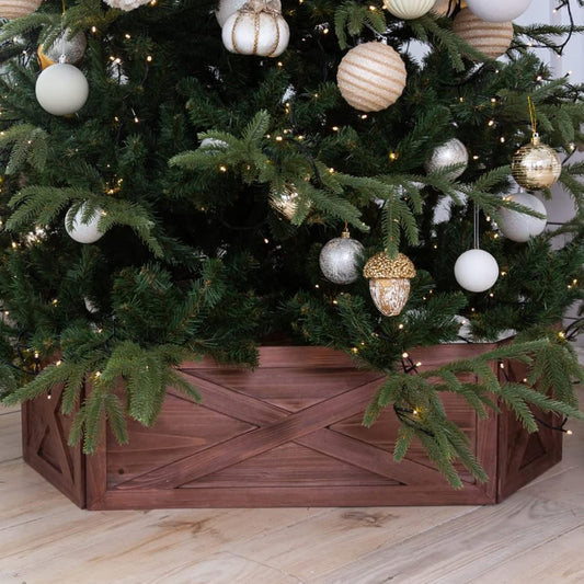 Wooden Tree Collar Box - Christmas Tree Box Stand Farmhouse Rustic Decor Vintage Weathered Wood Decoration (Foldable, Brown)