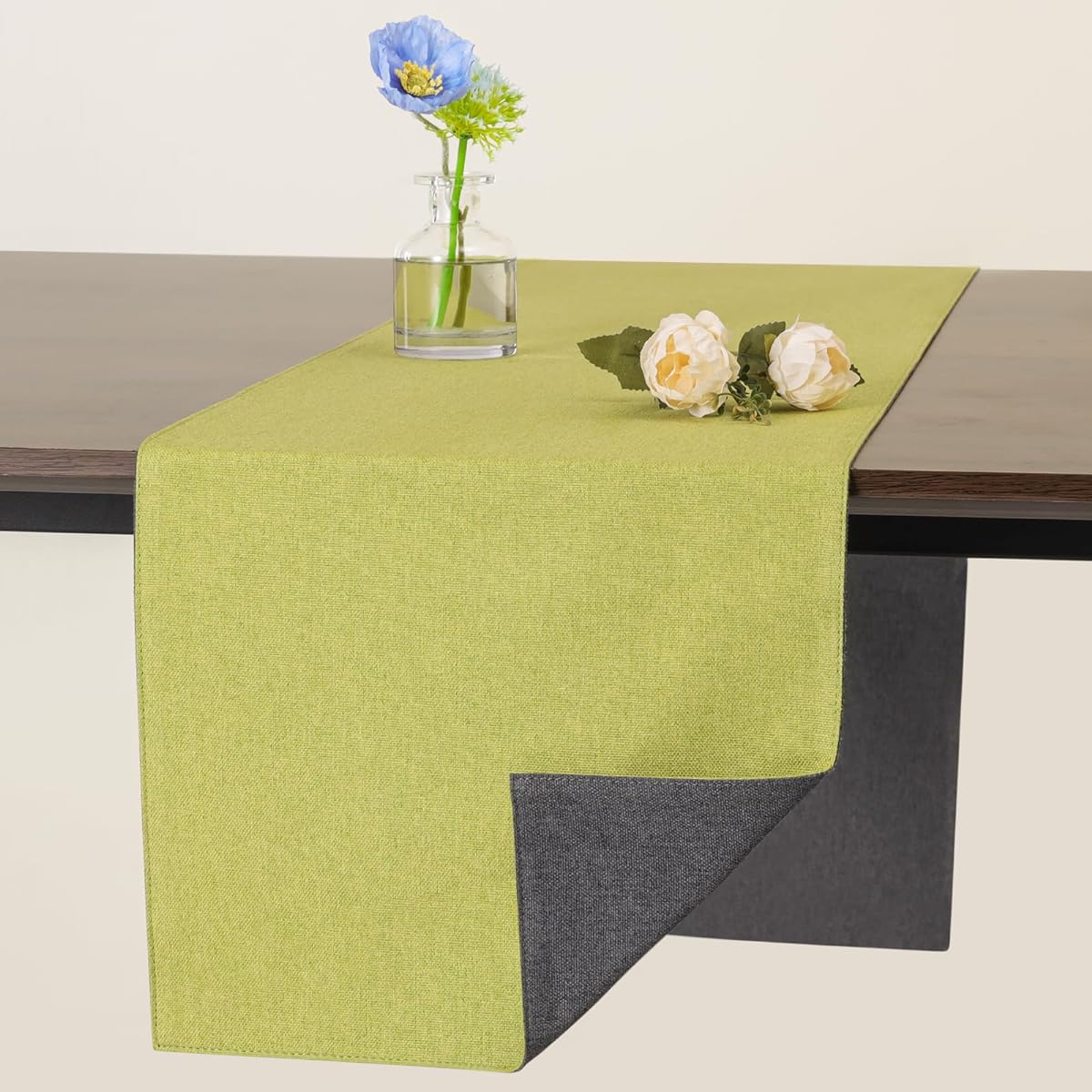 Banchif Table Runner Farmhouse Style Table Runner Non-Slip Heat Resistant Table Runner Machine Washable Easy Care 72 Inch Faux Linen Table Runner for Home Party Table Runner Indoor (Green - Grey)