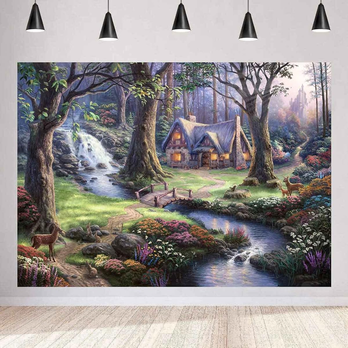 STS Fairy Tale Wonderland Animal Concert Cabin Lion River Piggy Bank Forest Bonfire Party Cartoon Birthday Baby Shower Photo Background