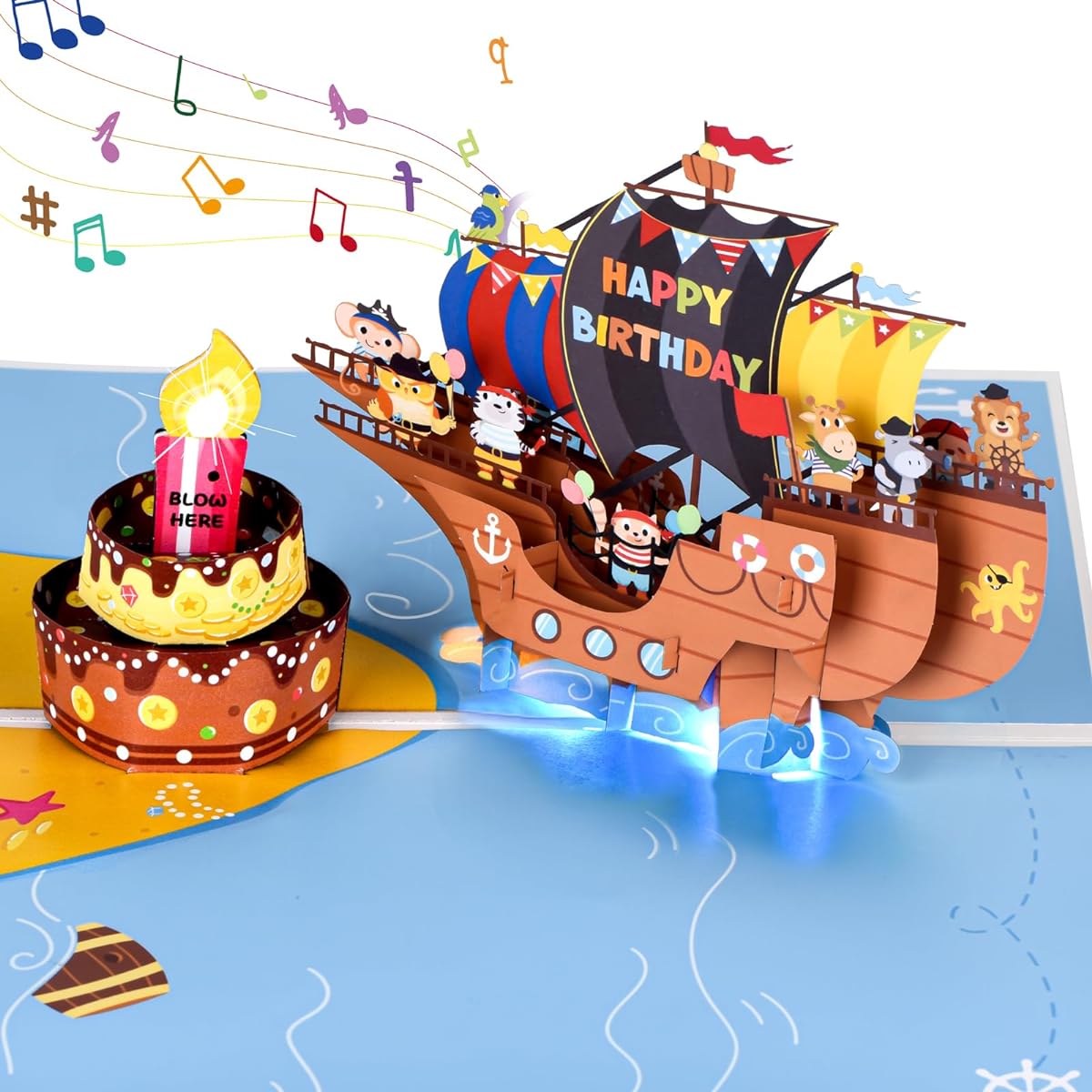 Ecloverlife Musical Birthday Card for Boys Pop Up Birthday Card with Sound & Light for 2/3/4/5/6/7/8 Year Old Boys (Pirate Ship)