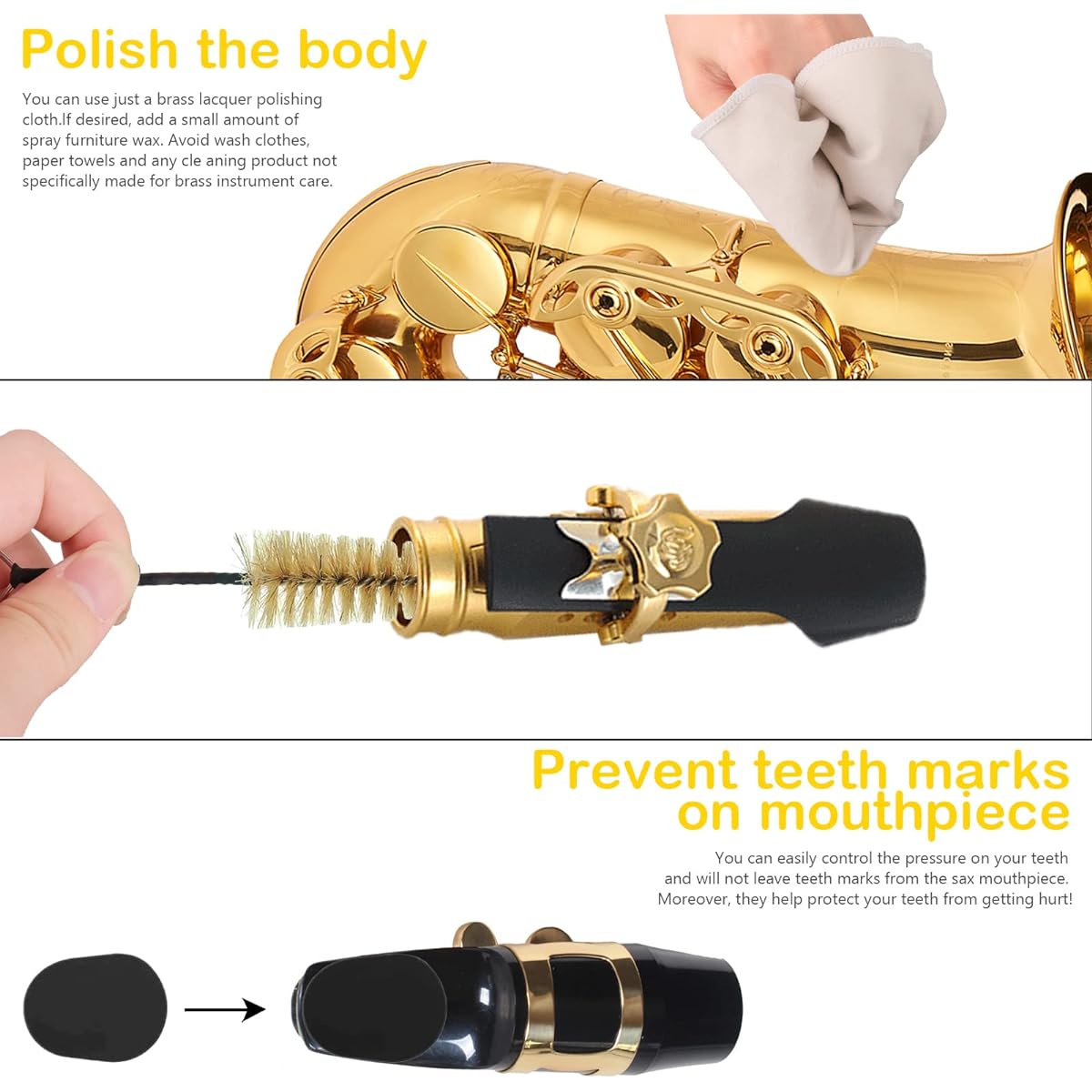 Saxophone Cleaning Kit with Case for Saxophone and Clarinet Flute Trumpet Instruments, 8 Pieces Saxophone Mouthpiece Cushion, Mouthpiece Brush, Microfiber Cleaning Cloth (Beige)