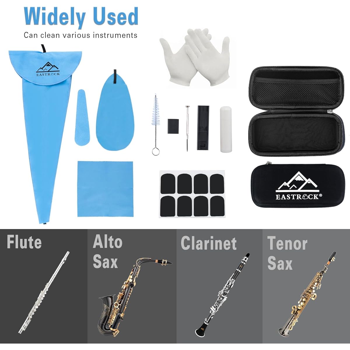EastRock Saxophone Cleaning Kit Tool with Reed Case Slam Rest Mouthpiece Brush Mini Screwdriver Nylon Strap Cleaning Cloth 9 in 1