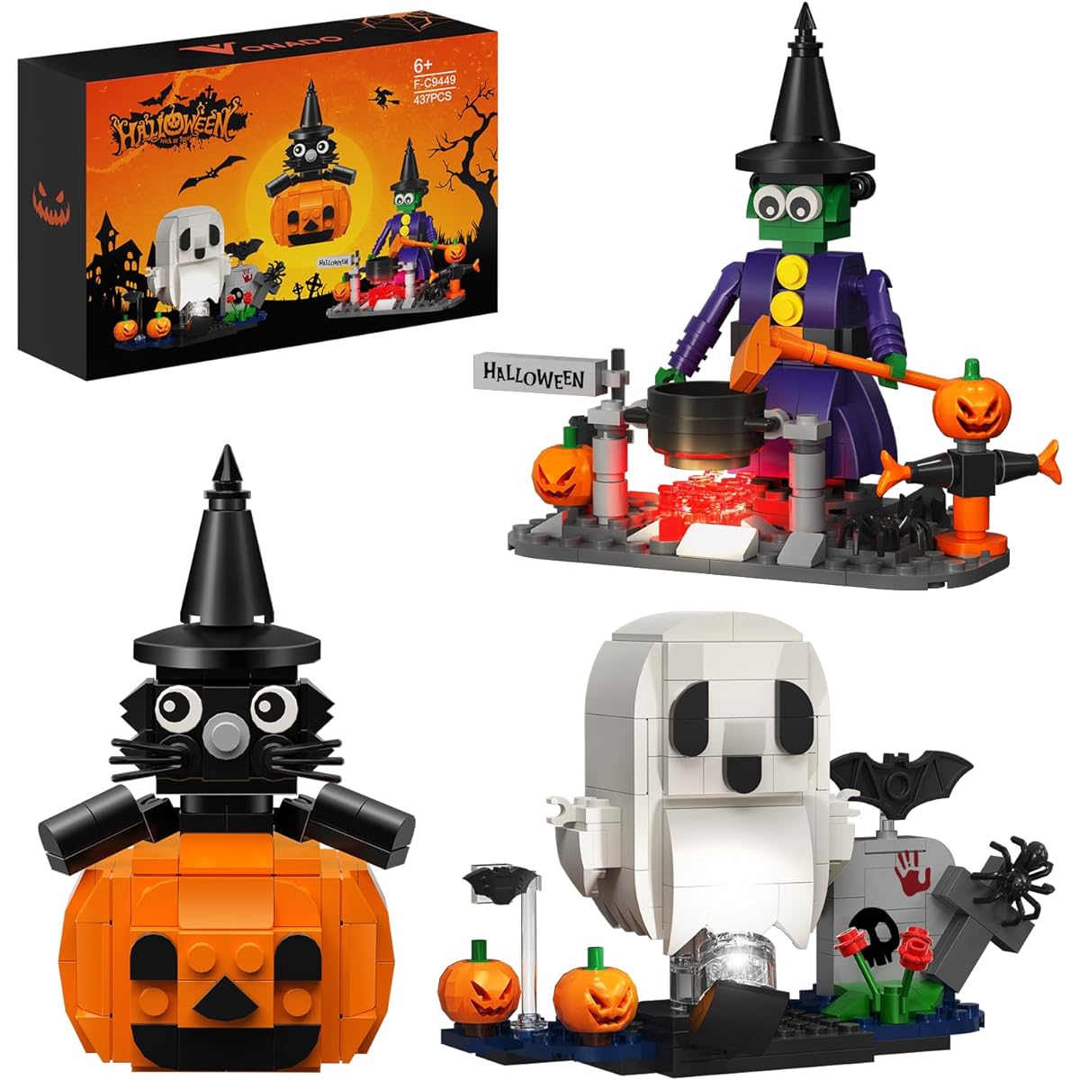 VONADO Halloween Ghost Witch Cat Pumpkin Assembly Kit Cute Halloween Party Gift with Lights for Kids Boys Girls 6-12 Years Old (473 Pieces)