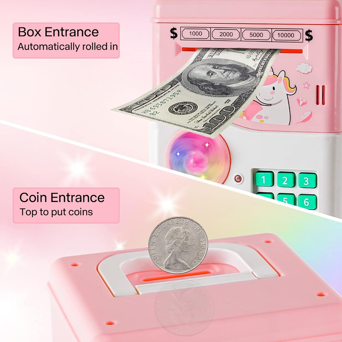 Piggy Bank for Girls, Electronic Mini ATM Coin Bank, Money Box with Password & Fingerprint Unlock Simulation, Unicorn Toy, Christmas Birthday Gift for Ages 5, 6, 7, 8