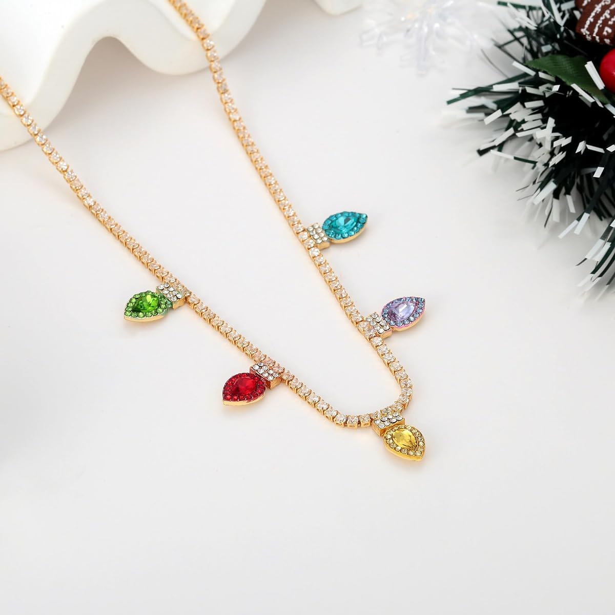 WOWORAMA Christmas Necklace for Women, Colorful Christmas Lights Necklace, Long Christmas Tree Pendant Necklace, Cute Christmas Holiday Necklace, Jewelry, Christmas Gifts, Christmas Party Favors