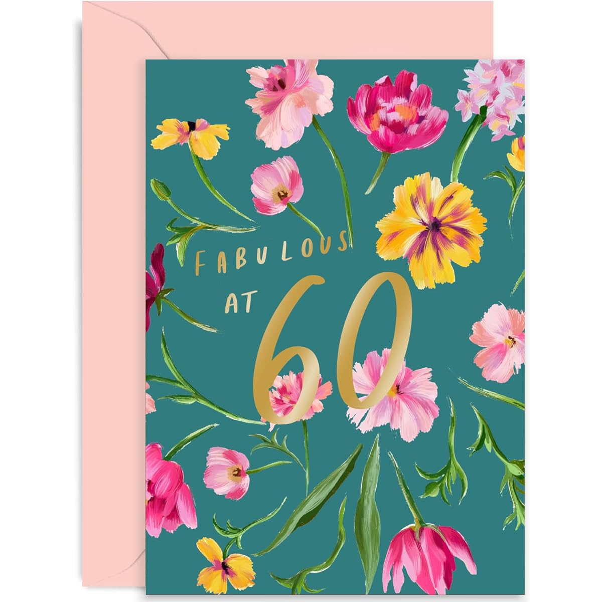 Old English Co. 60th Birthday Card, 60 Years Old, Cute Gold Foil Flower Card for Women, Sister, Aunt, Wife, Friend, Includes Envelope, Blank Inside
