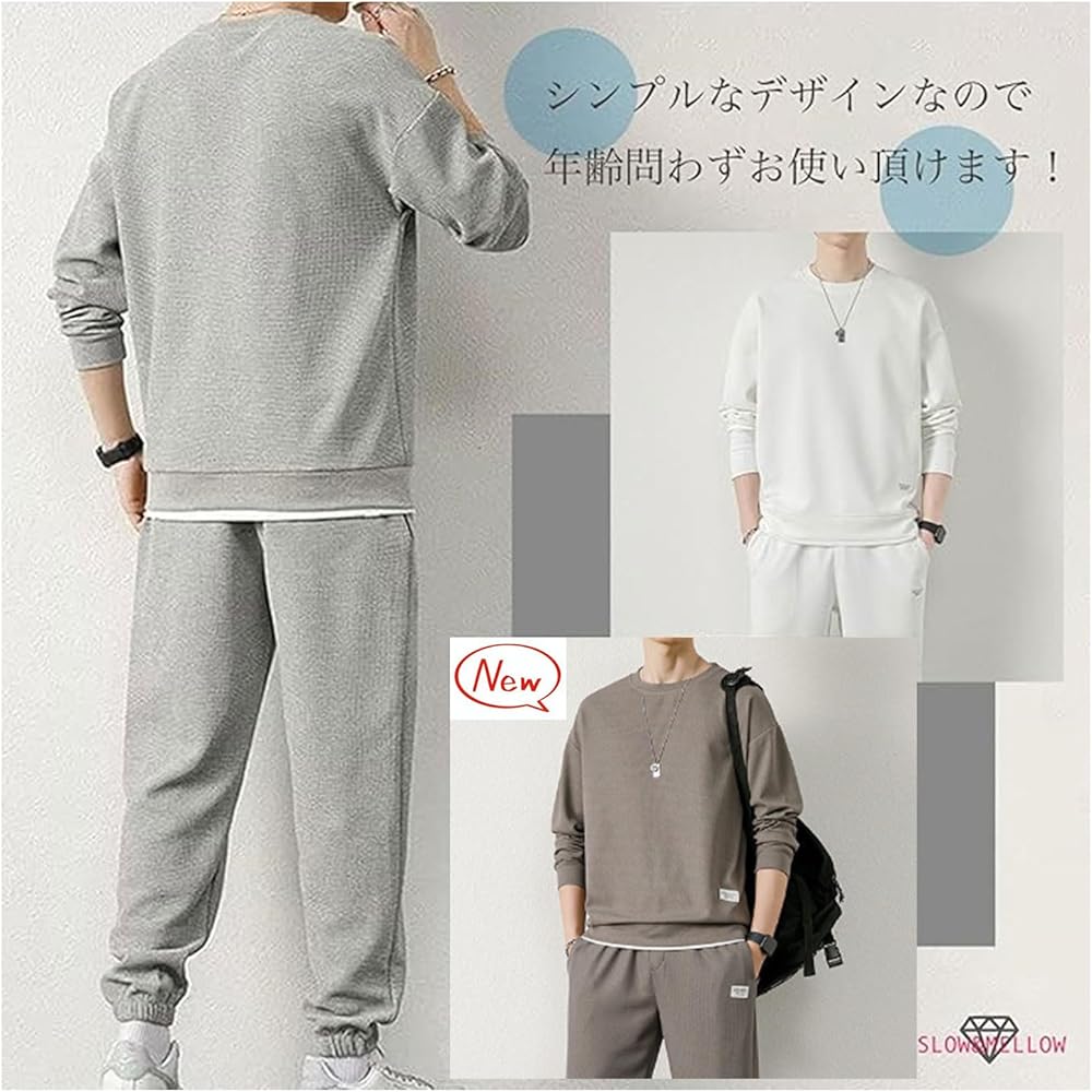 [SLOW & MELLOW] Setup Waffle Fabric Top and Bottom Set Layered Style Design Room Wear Casual Men's Long Sleeve Pants Sports Simple Room Wear 4 Colors