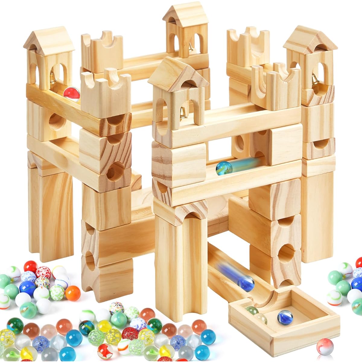 Gemscream Wooden Marble Run for Kids Ages 4-8, 120 Piece Wooden Building Blocks and Construction Play and Glass Marbles Set, Marble Track, Maze Game, STEM Learning Toy, Great Gift for Boys/Girls