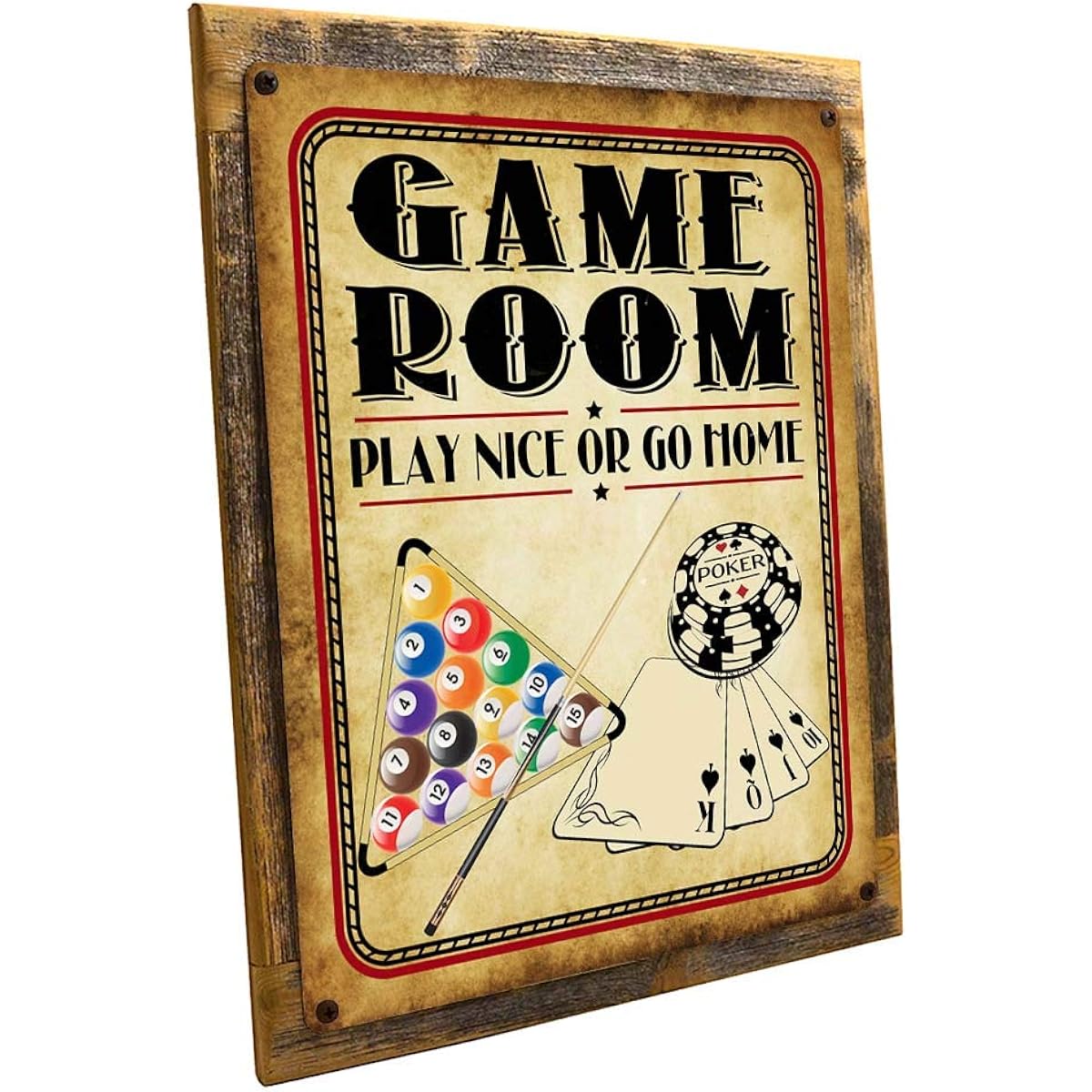 Wood Framed Game Room Play Nice or Go Home Metal Sign Poker Billiards Game Man Cave Den Study Wall Decor Rustic Wood