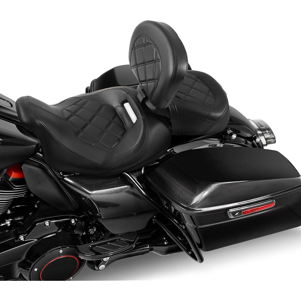 TCT-MOTORPARTS Low Profile Driver Passenger Seat with Driver Rider Backrest Pad for Harley Tour Pack Touring Road King 2009-2023 Black Stitch
