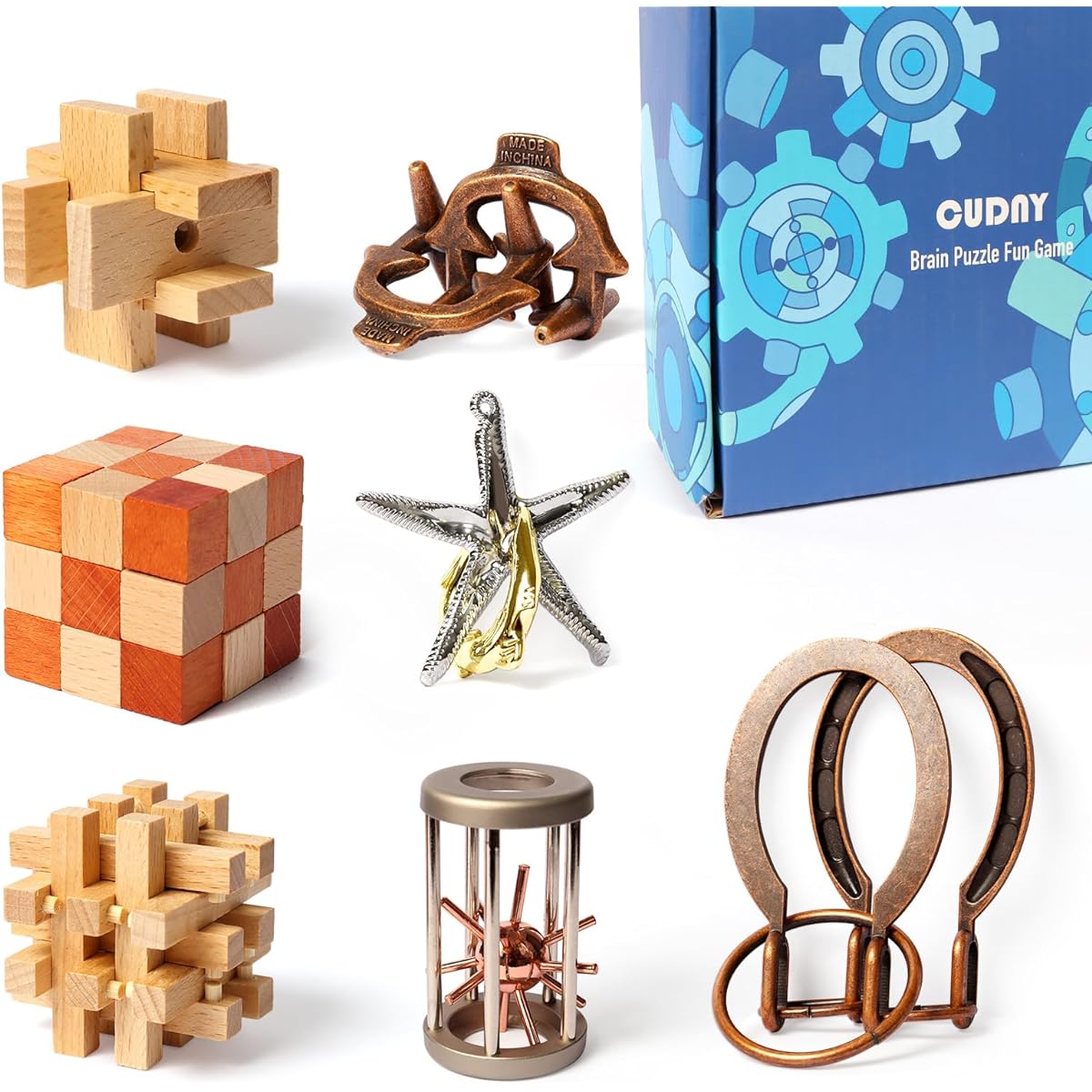 CUDNY 7 Pieces Cool Mind Puzzle Unlock Interlock Brain Teaser Game for Adults and Kids Wooden and Metal Puzzle IQ Logic Fun Puzzle Box