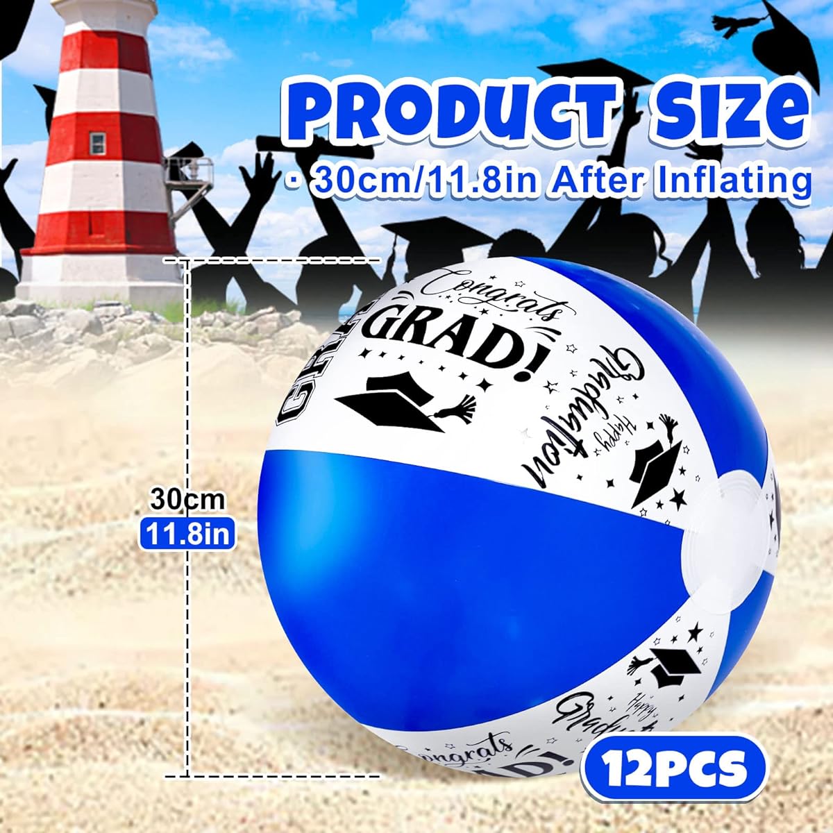 Whaline 12pcs Graduation Inflatable Beach Balls Congratulations Graduation Party Favors Gifts Blue White Pool PVC Balls Graduation Beach Party Decorations Summer Water Sand Games Accessories for Boys Girls
