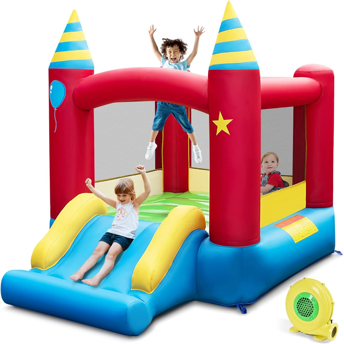 HONEY JOY Inflatable Bounce House Jumping Castle with Slide, Oxford Carry Bag, Basketball Rim, Air Bouncer for Kids Indoor Outdoor Play (480W Blower Included)