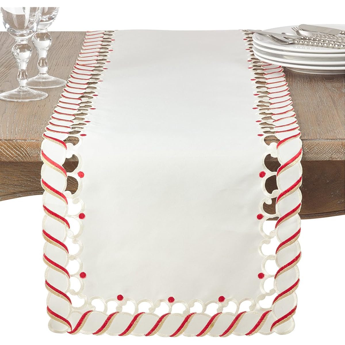 Fennco Style Candy Cane Border Trim Design Christmas Tablecloth 16"x72" Table Runner