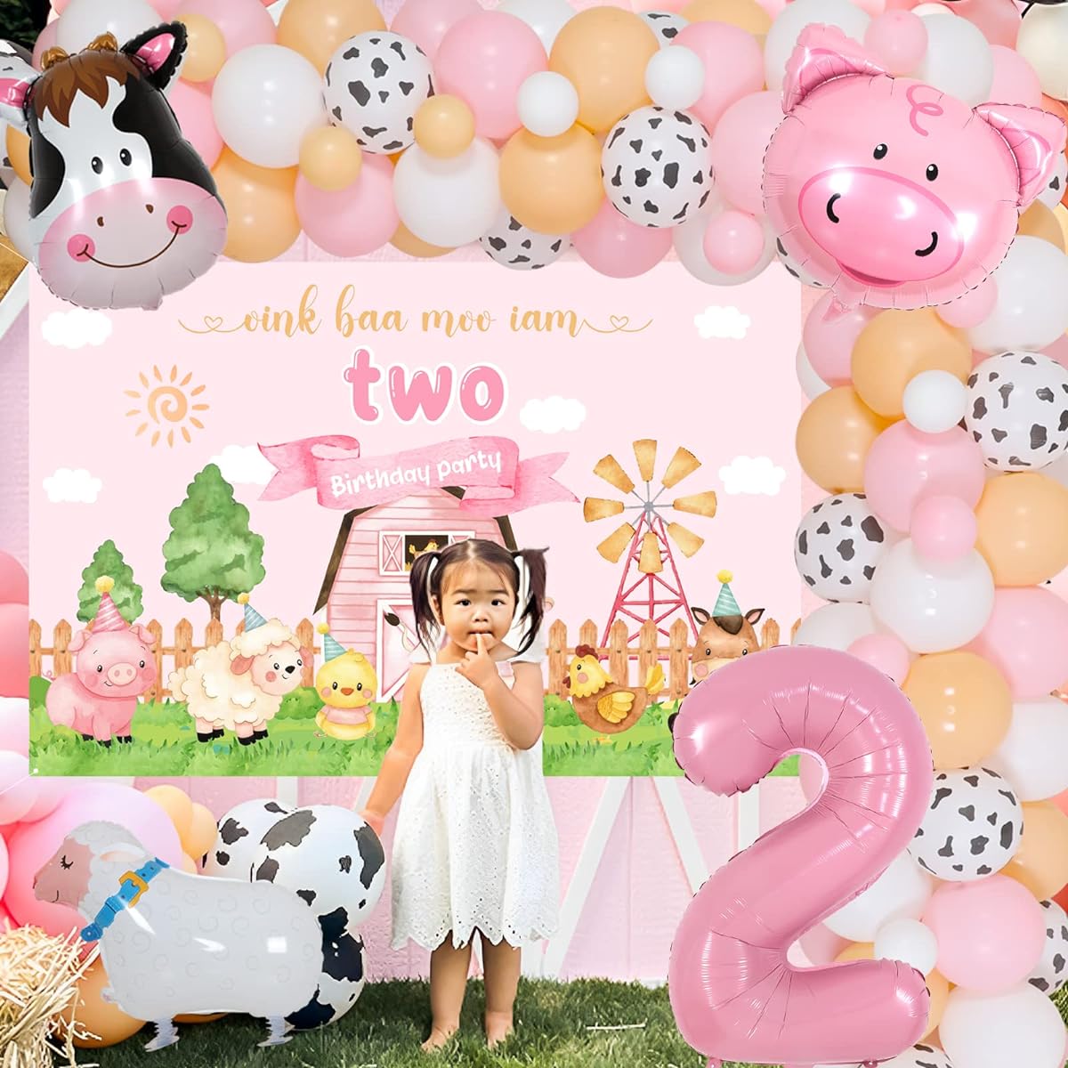 Pink Farm 2nd Birthday Decorations for Girls - Farm Animal Balloon Garland Arch Kit Oink Baa Moo Im with Two Backgrounds Number 2 Cow Sheep Pig Balloon Farmhouse Moo I Am Two Party Supplies