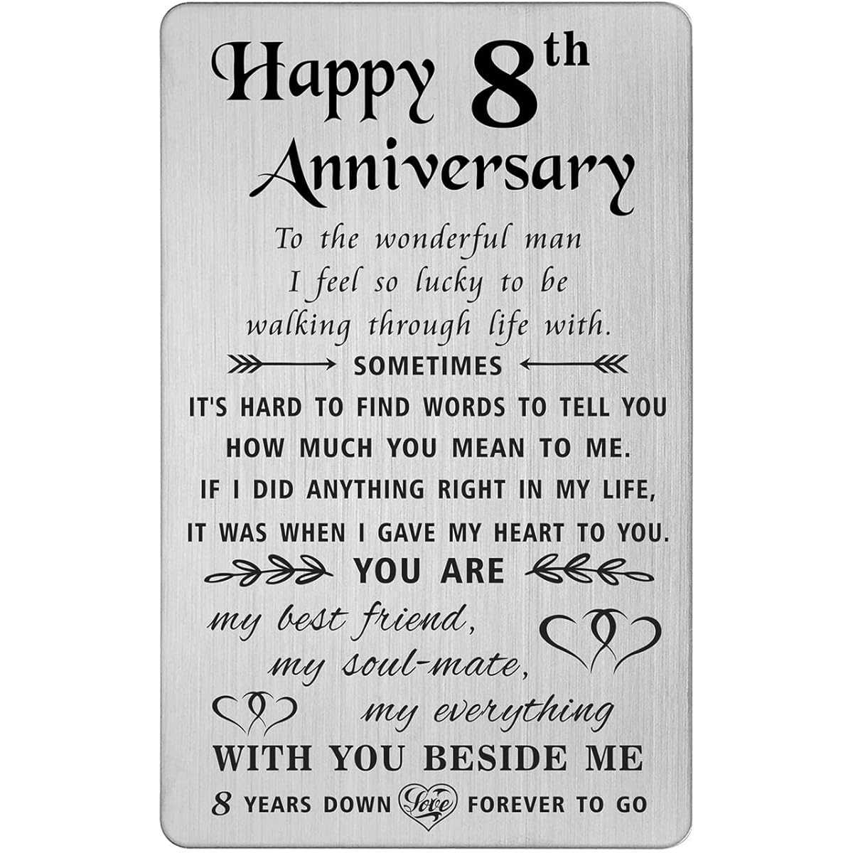TANWIH 8th Anniversary Cards, 8 Years Down Forever to Go - Wedding Anniversary Cards Gifts for Men, Engraved Metal Wallet Card