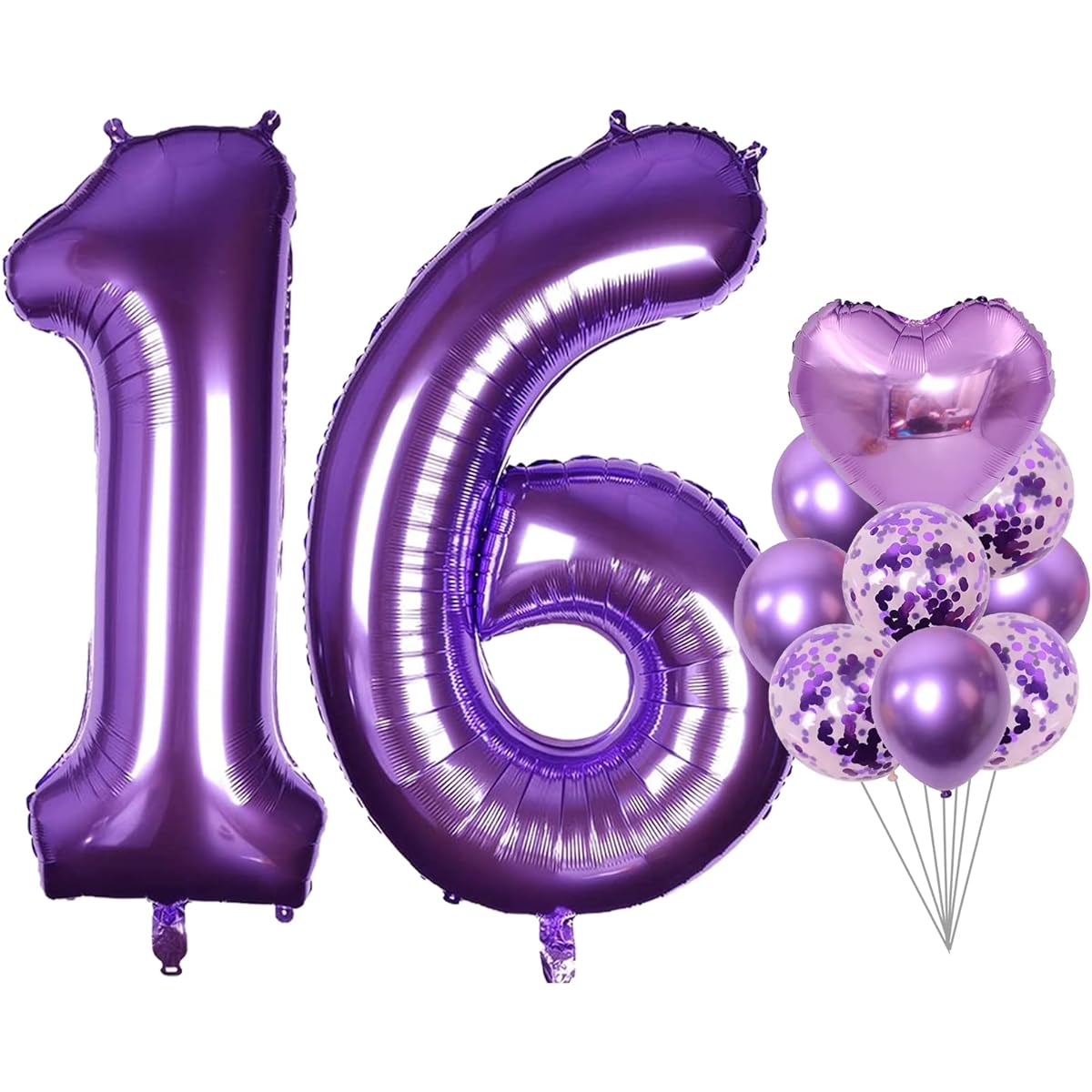 Sweet 16 Birthday Decorations for Girls, Happy 16th Birthday Decorations, Purple 40 Inch Number 16 Balloons, Purple Metallic Balloons, Purple Confetti Balloons, Heart Balloons