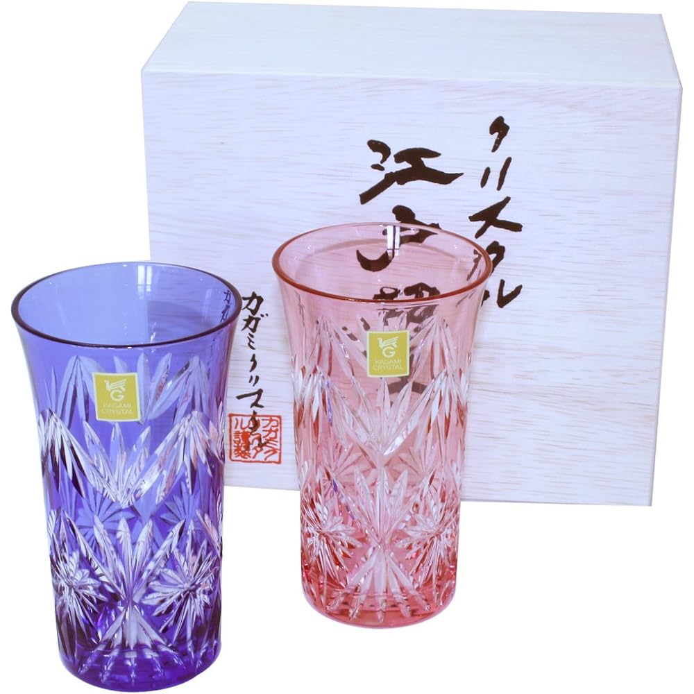 Kagami Crystal Pair Single Bite Beer Glass Red Blue 120cc Edo Kiriko Bamboo Leaf with Star Pattern #2824