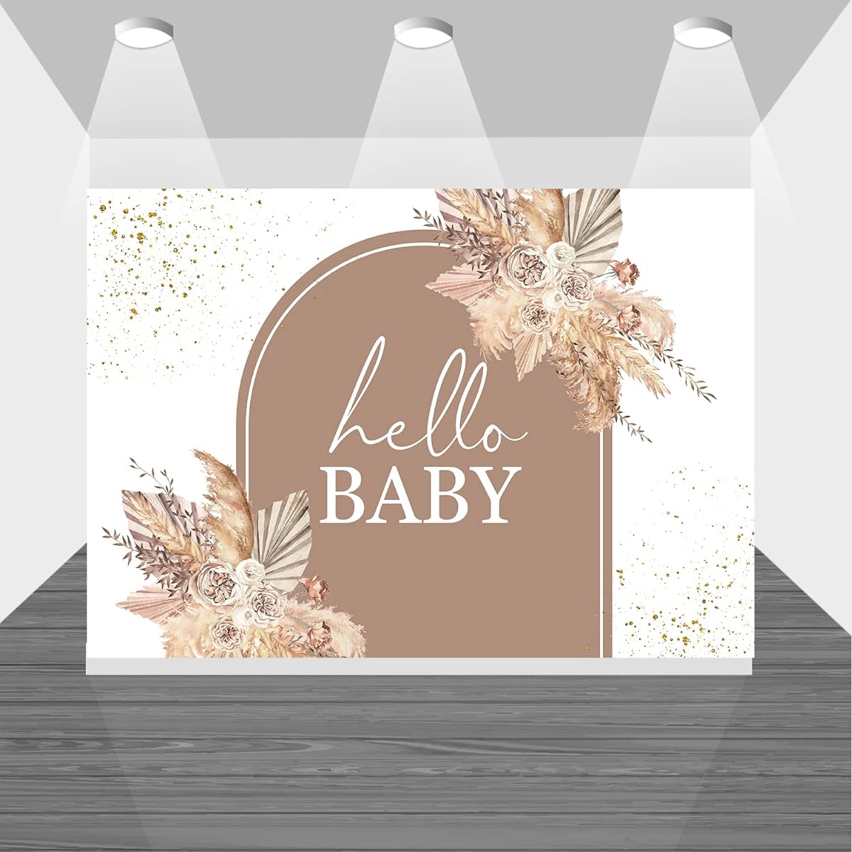 Boho Baby Shower Backdrop Gold Glitter Backdrop Hello Baby Party Supplies Decoration Pampas Grass Floral Cake Table Banner Photo Booth