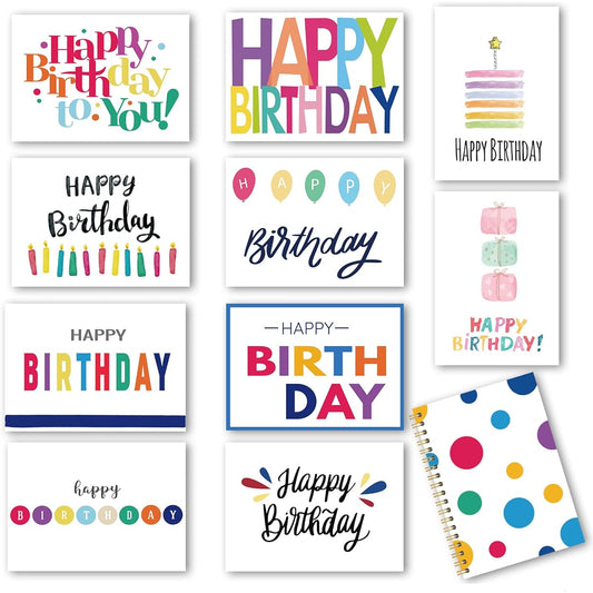 100 Birthday Cards Happy Birthday Cards Bulk Pack with Short Messages Thick 5" x 7" Card Stock Birthday Cards with Envelopes 10 Unique Design Birthday Cards for Men and Women