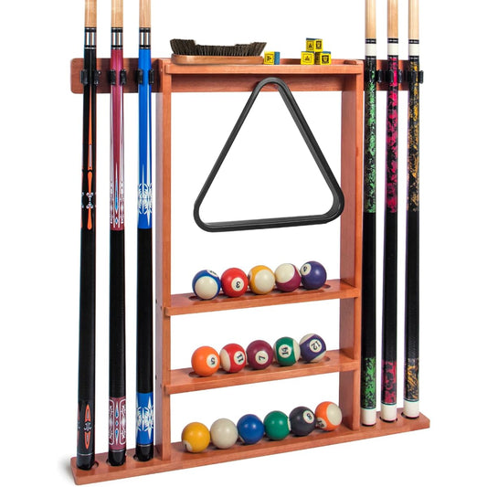 Pool Stick Holder Wall Mount Pool Cue Rack Solid Wood Floor Stand for Billiard Cue Sticks 6 Pool Cue & Ball Full Set Professional Pool Table Accessories for Billiard Room Club