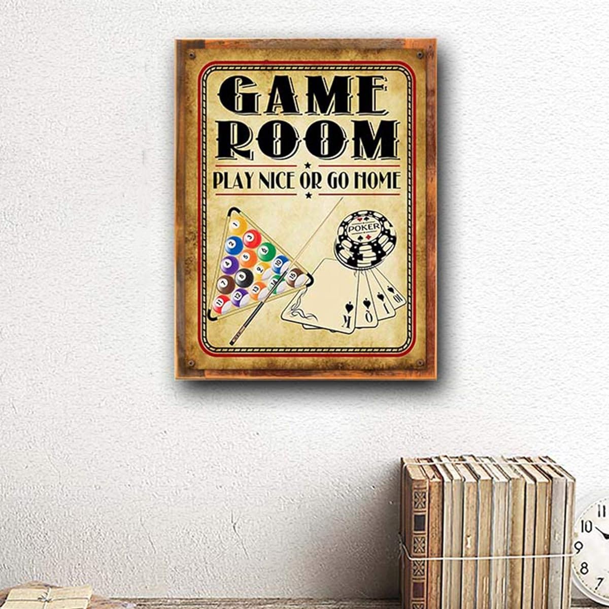 Wood Framed Game Room Play Nice or Go Home Metal Sign Poker Billiards Game Man Cave Den Study Wall Decor Rustic Wood