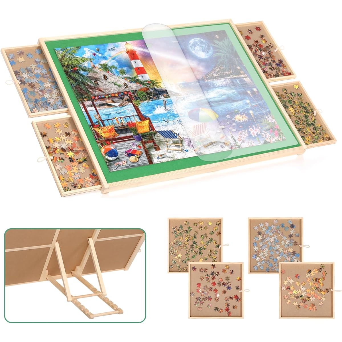 Jigsaw Puzzle Board 1500 Pieces with 7 Angles and Cover 34x26 Inch Portable Tilt Puzzle Table for Adults Adjustable Puzzle Table with 4 Drawers Puzzle Easel Board - Felt Surface