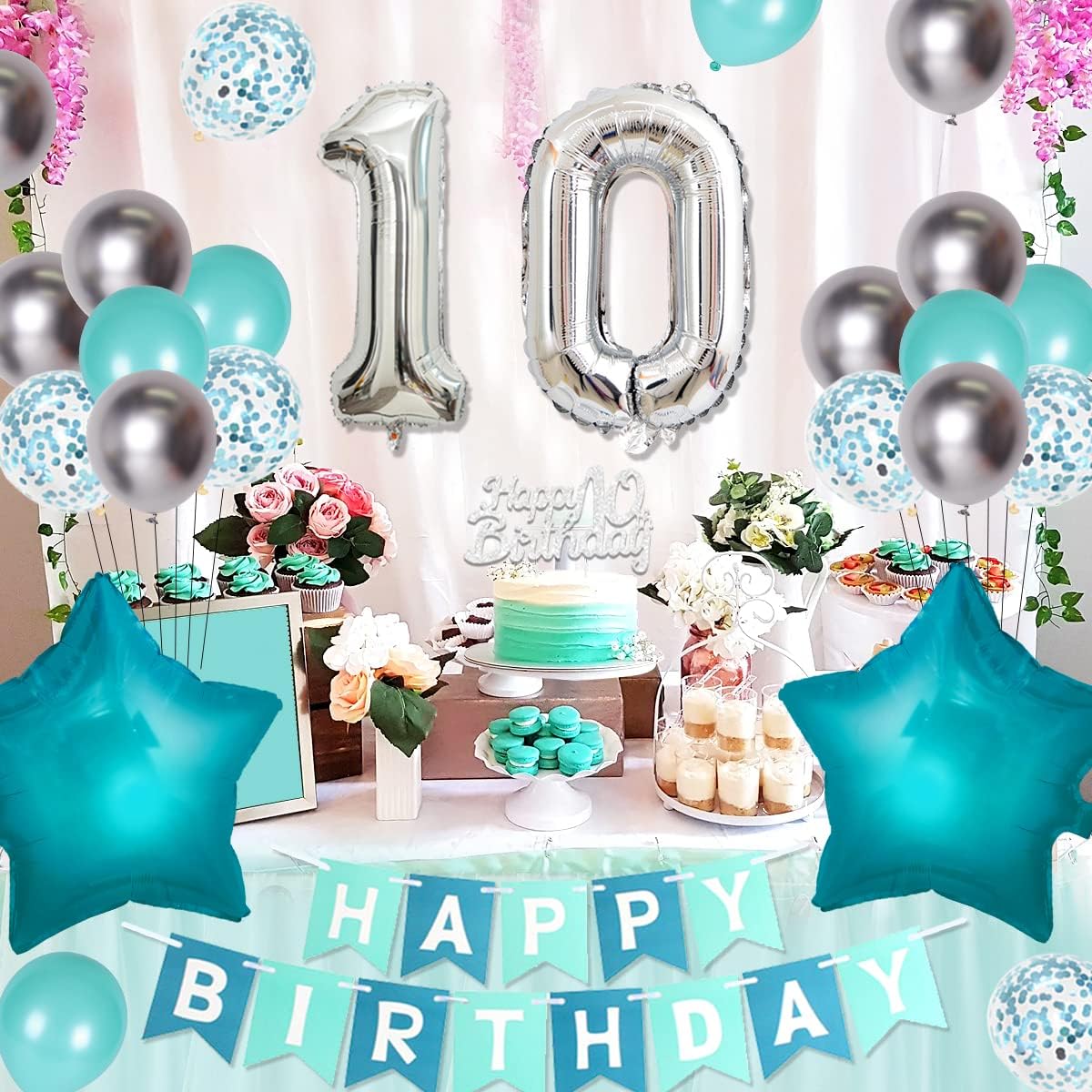 10th Birthday Decorations for Girls, Teal Blue 2 Digit Birthday Party Supplies, Turquoise Happy Birthday Banner, Happy 10th Birthday Cake Topper, Silver Number 10 Foil Balloon, 10th Birthday Decor