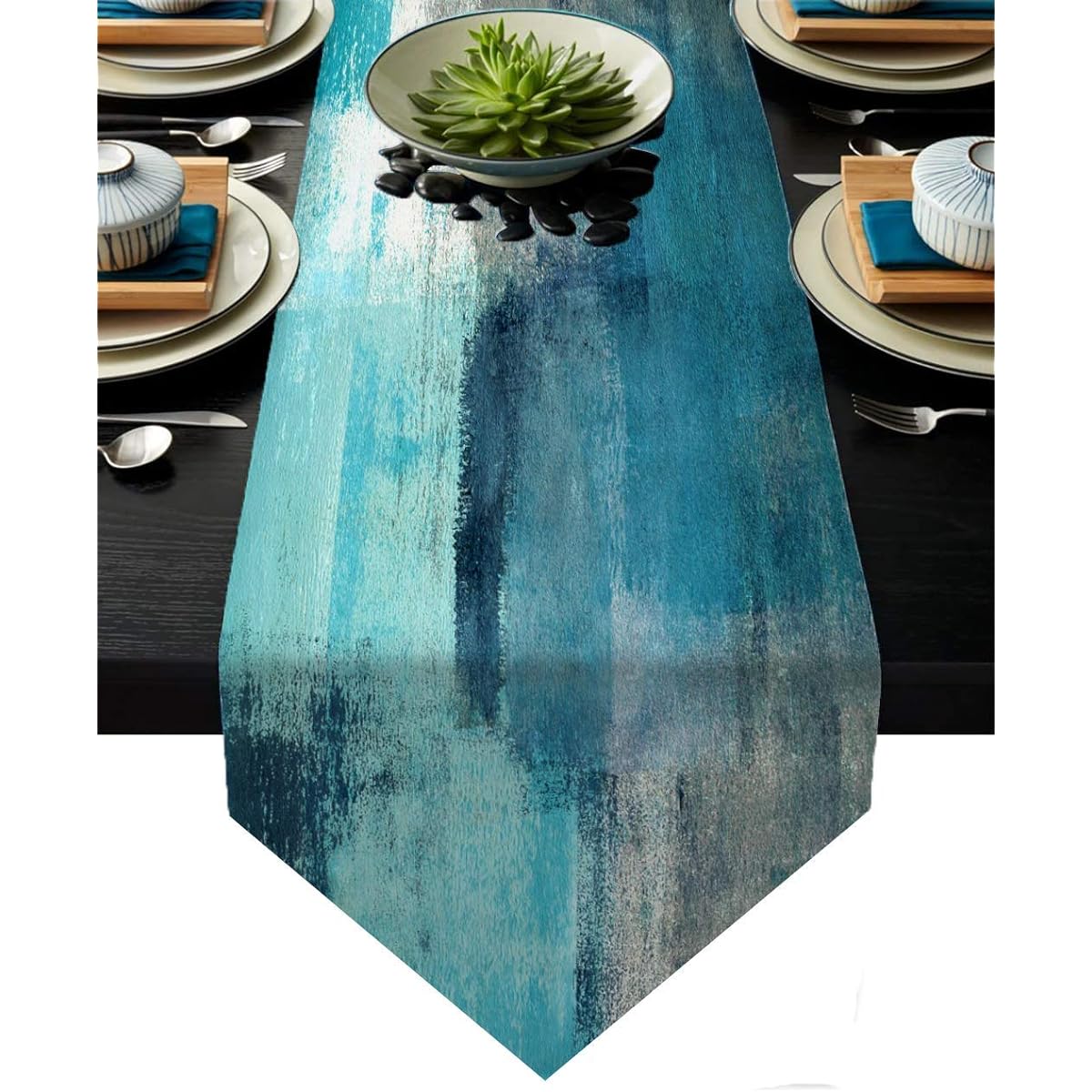 Turquoise and Gray Table Runner Teal Abstract Modern Art Burlap Table Runner Table Dresser Runner Farmhouse Style Dinner Party Holiday Home Decoration