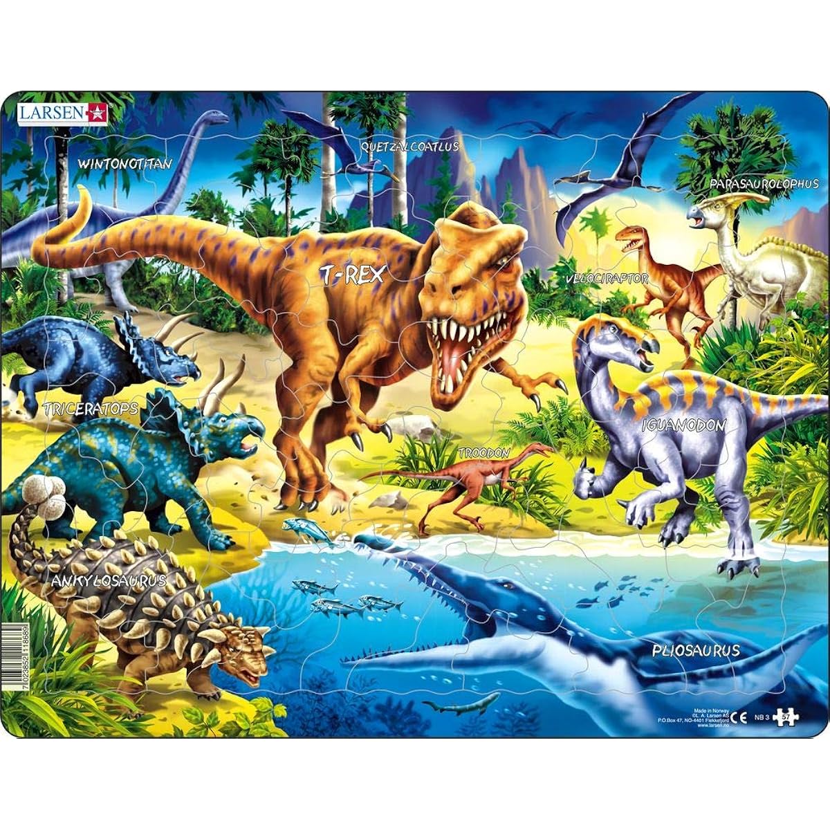 Larsen Puzzles Dinosaur Educational Jigsaw Puzzle - 57 Piece Tray & Frame Style Puzzle - Exclusive Premium Handmade Imported from Norway